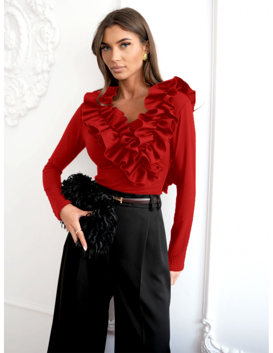 Wiskozowa bluzka z falbanami ORNELLA - czerwona