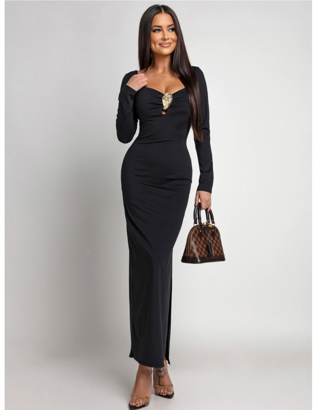 Elegancka sukienka maxi z ozdobną klamrą KATIA - czarna