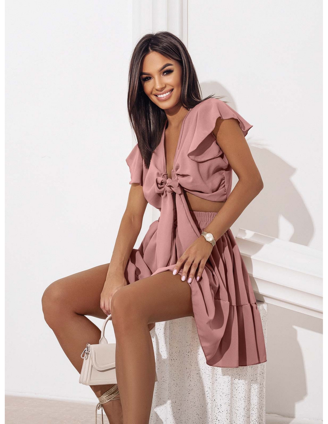 Komplet wiązany top i spódniczka ROMANCE - brudny róż