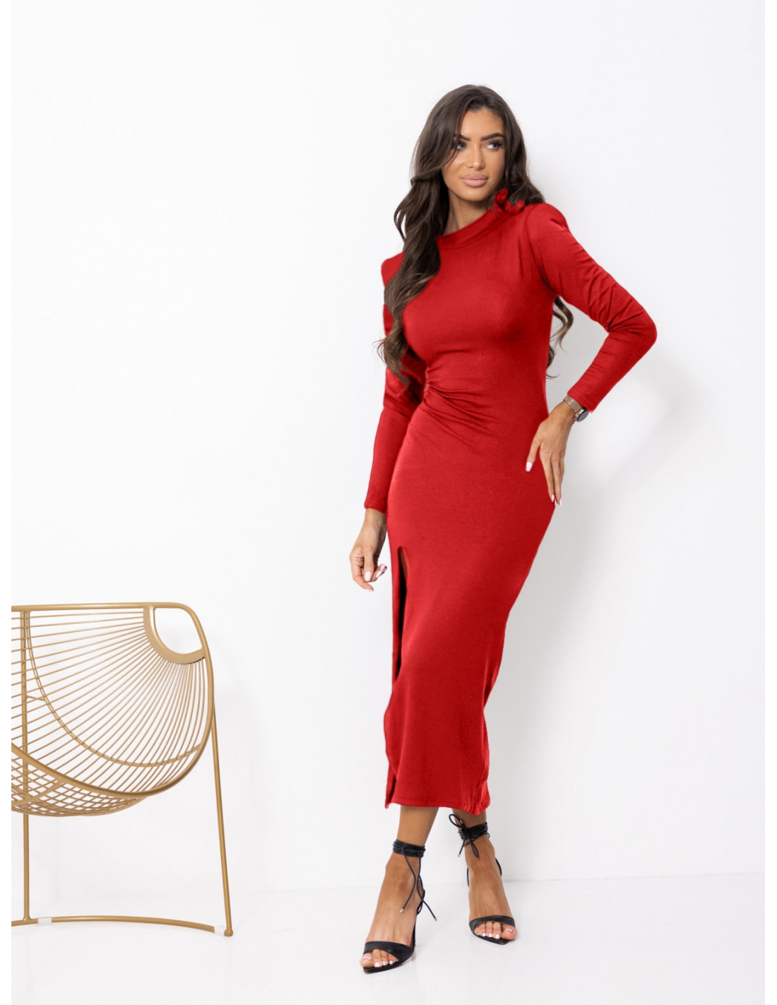 Sukienka maxi z wiskozy z rozporkiem VELUNA - czerwona