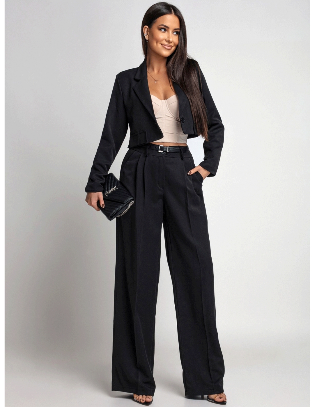 Garnitur krótka marynarka i szerokie spodnie FENZO - czarny