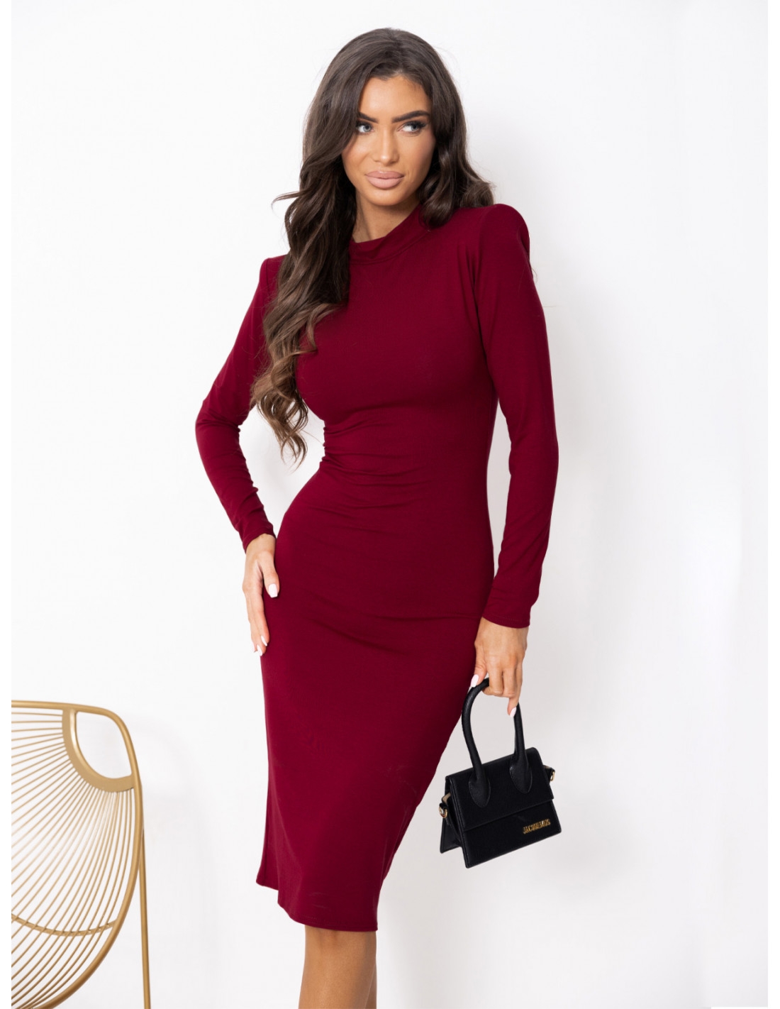 WP dopasowana sukienka midi z wiskozy - bordowa