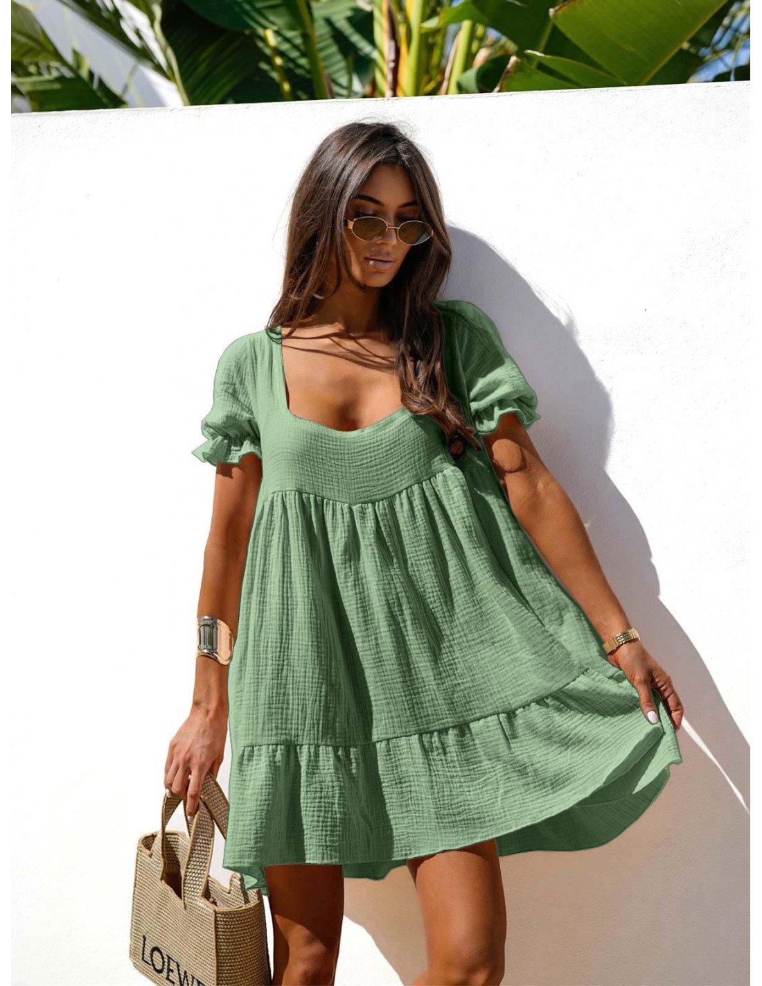 Trapezowa sukienka typu babydoll SINDI - szałwiowa