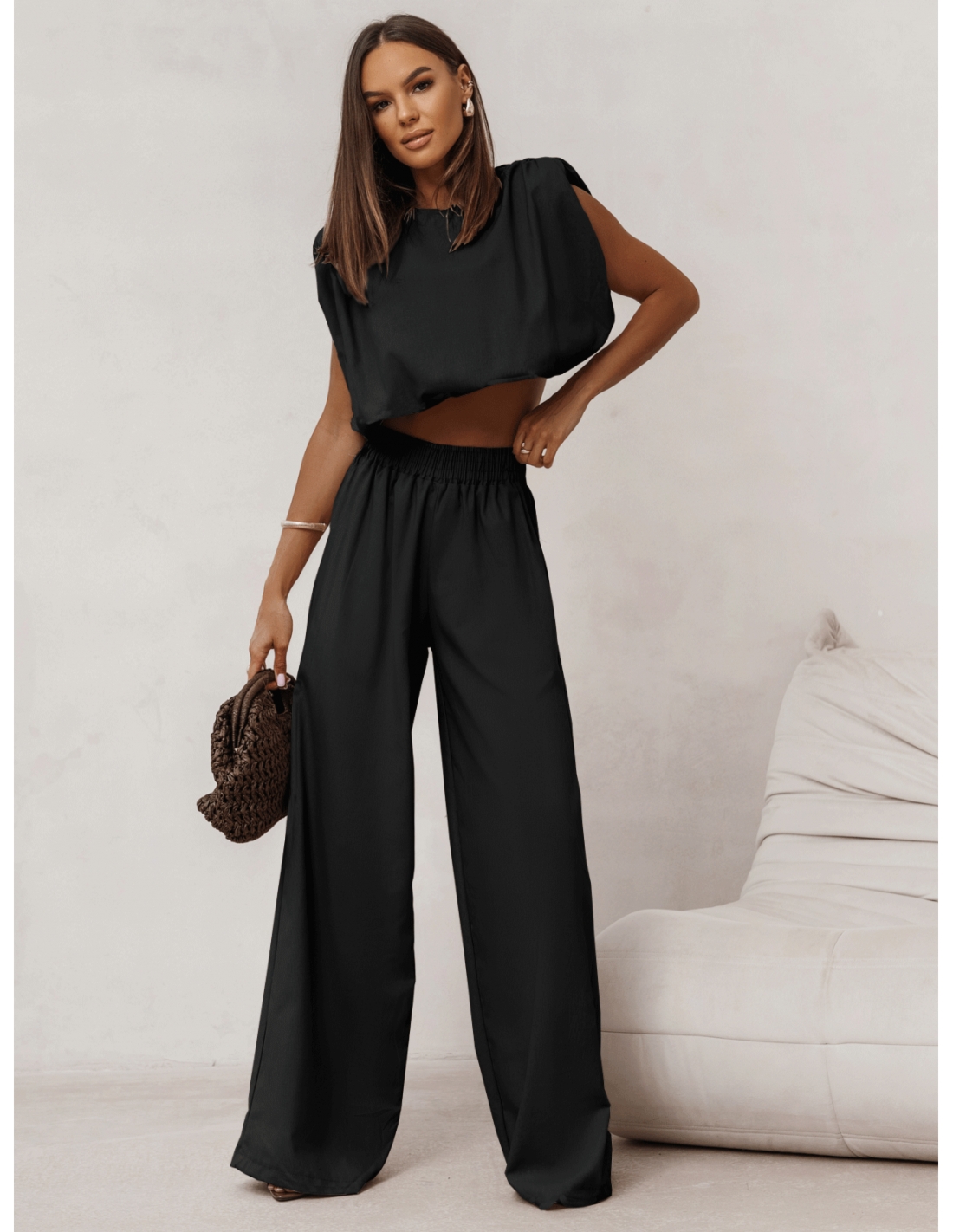 Lniany komplet bluzka i spodnie ENOLA - czarny