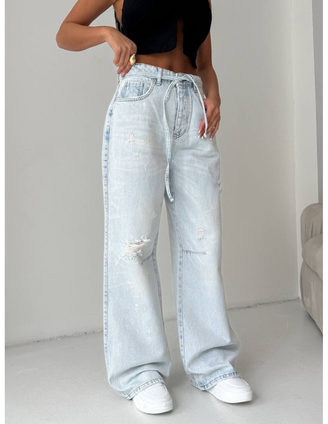 Szerokie jeansy z przetarciami ARLO - jasny jeans