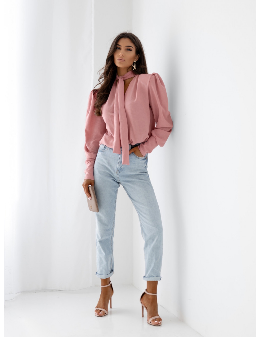 Bluzka koszulowa z wiązaniem FENZA - brudny róż