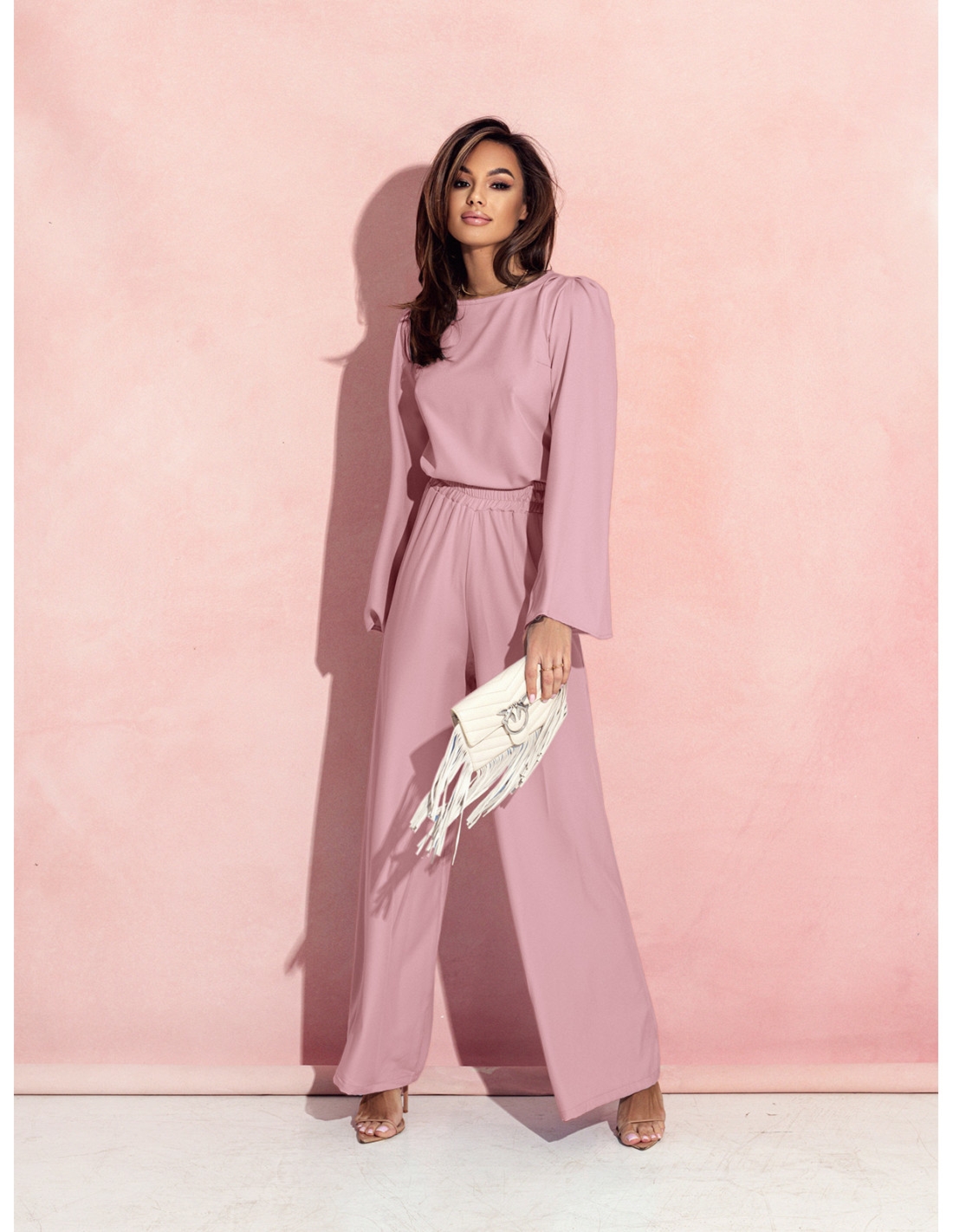 Modny komplet z szerokimi spodniami MAVIS - brudny róż