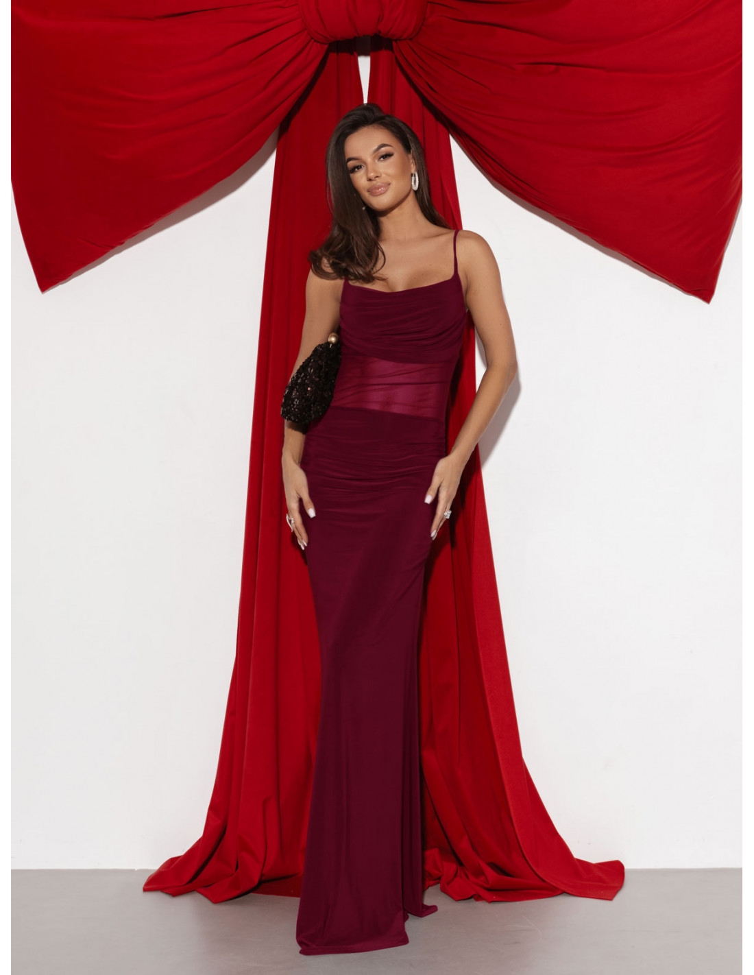 Sukienka maxi z tiulową wstawką LARISE - bordowa