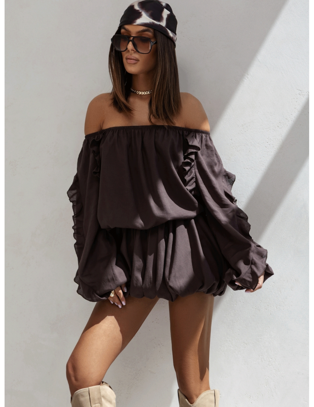 Wiskozowy komplet ze spódnicą CALIA - czekoladowy