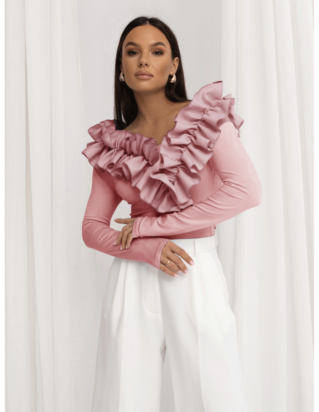 Wiskozowa bluzka z falbanami ORNELLA - brudny róż