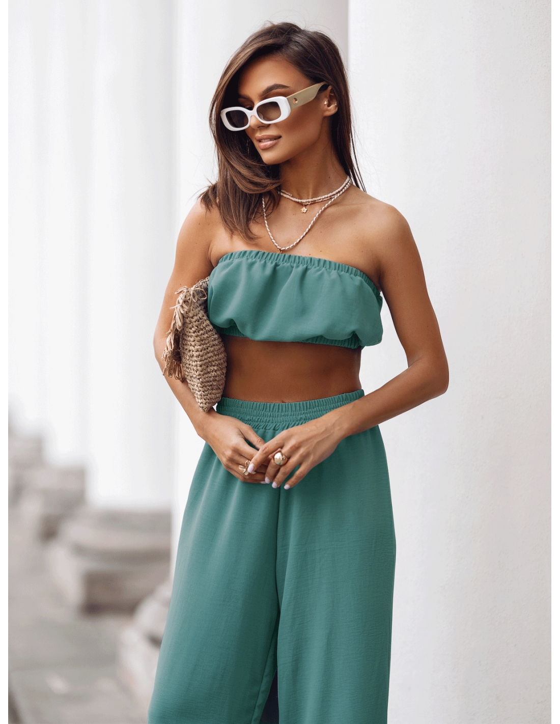 Stylowy komplet top z szerokimi spodniami MATILDE - szałwiowy