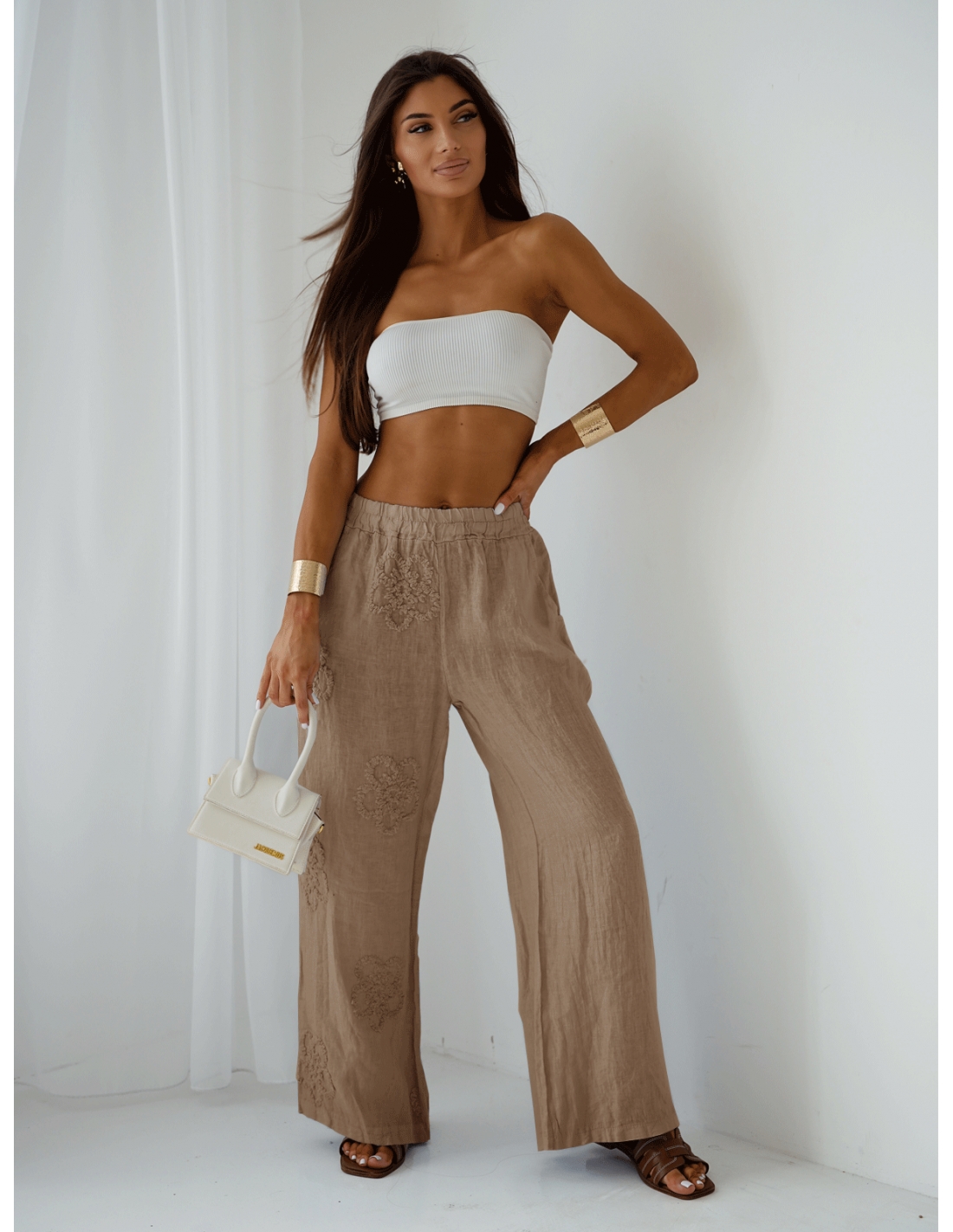 Stylowe lniane spodnie z szerokimi nogawkami ARIELLE - beżowe