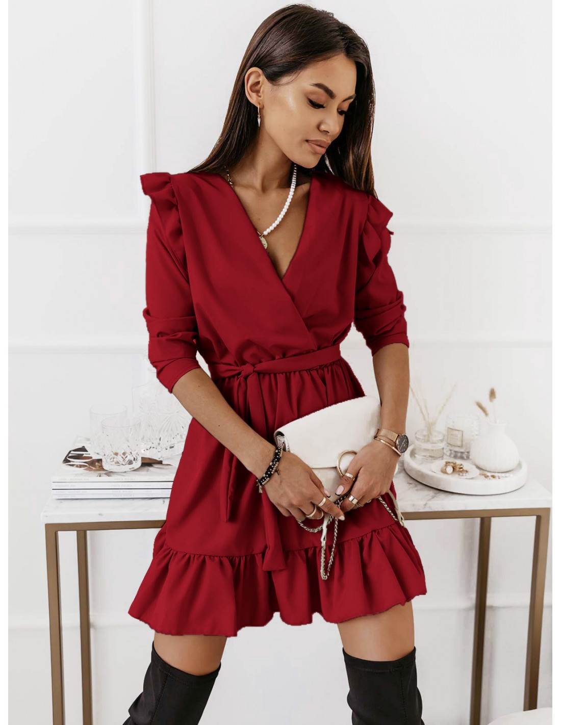 Rozkloszowana sukienka z falbankami MOLLY - czerwona