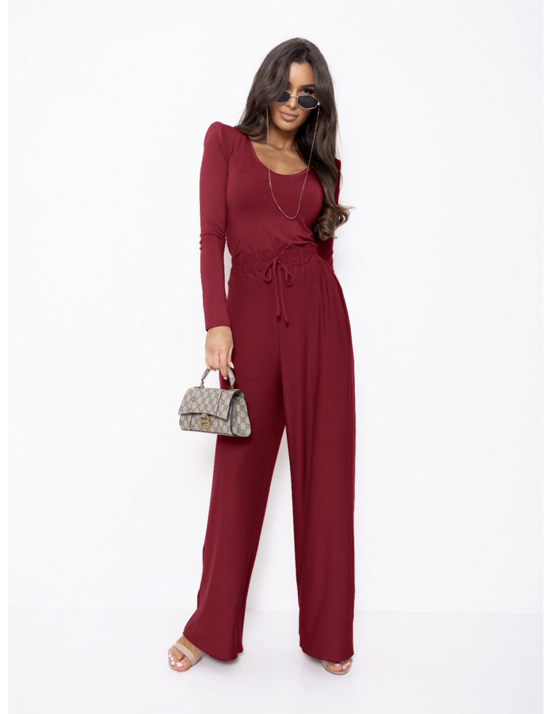 WP Komplet z wiskozy bluzka i szerokie spodnie - bordowy