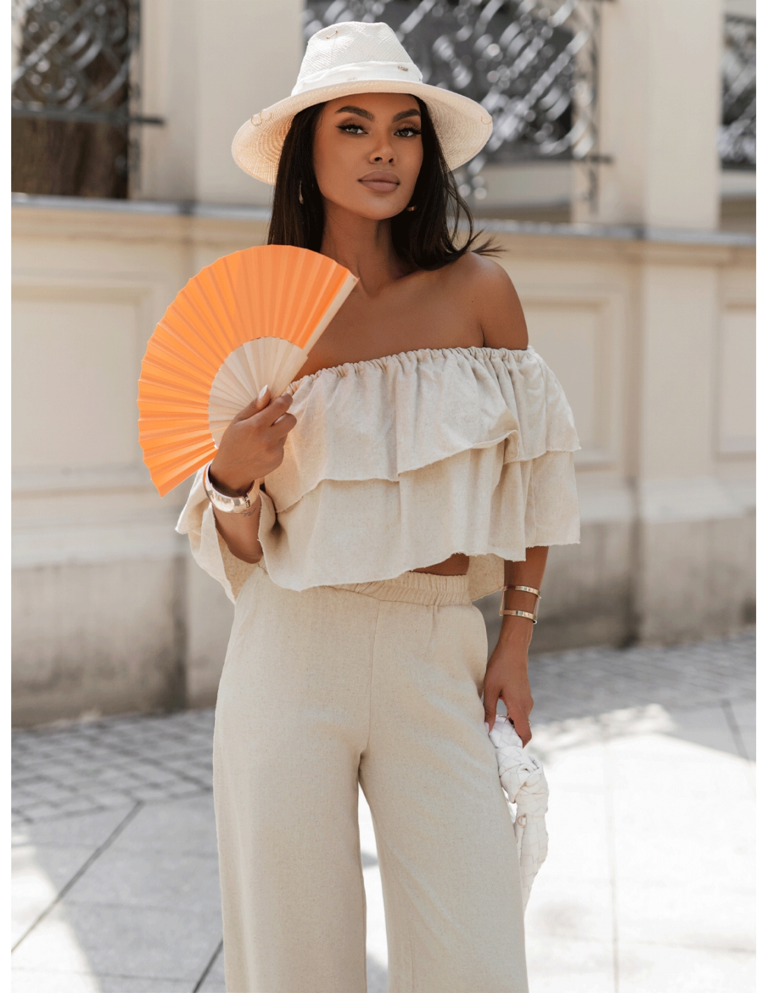 Lniany komplet crop top ze spodniami LETICIA – beżowy