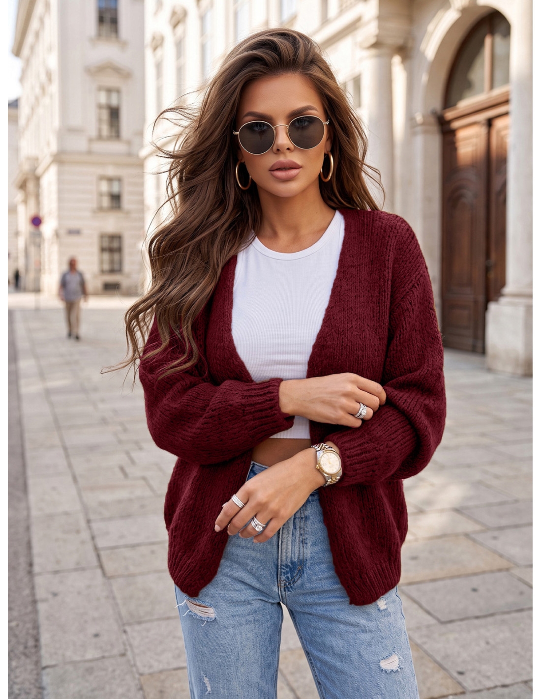 Pleciony sweter kardigan ELORII - bordowy