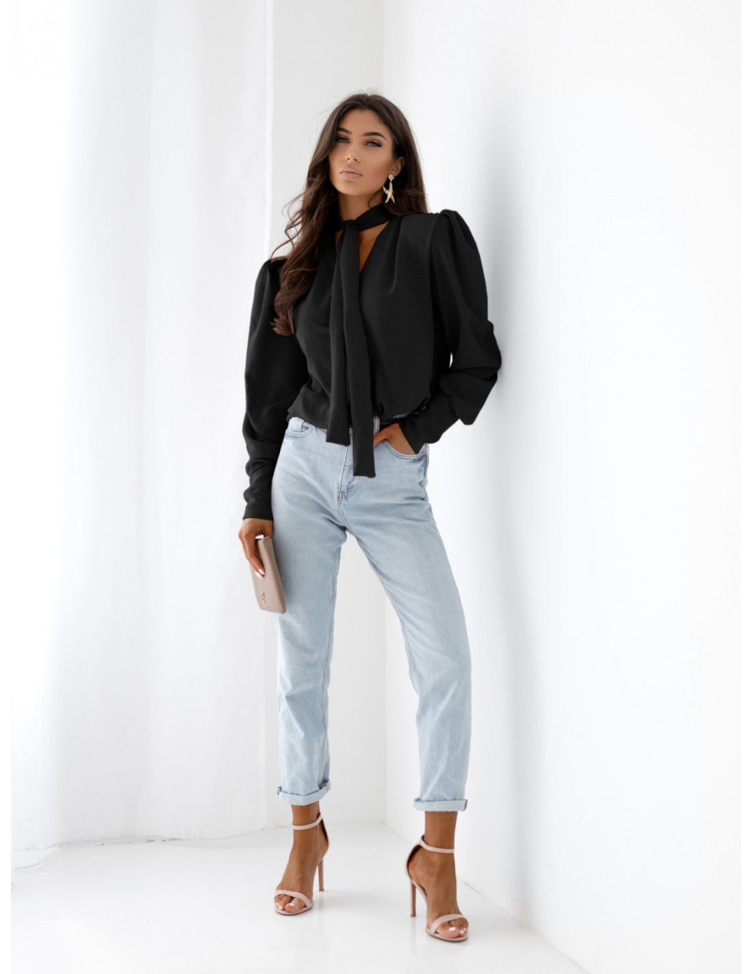 Bluzka koszulowa z wiązaniem FENZA - czarna