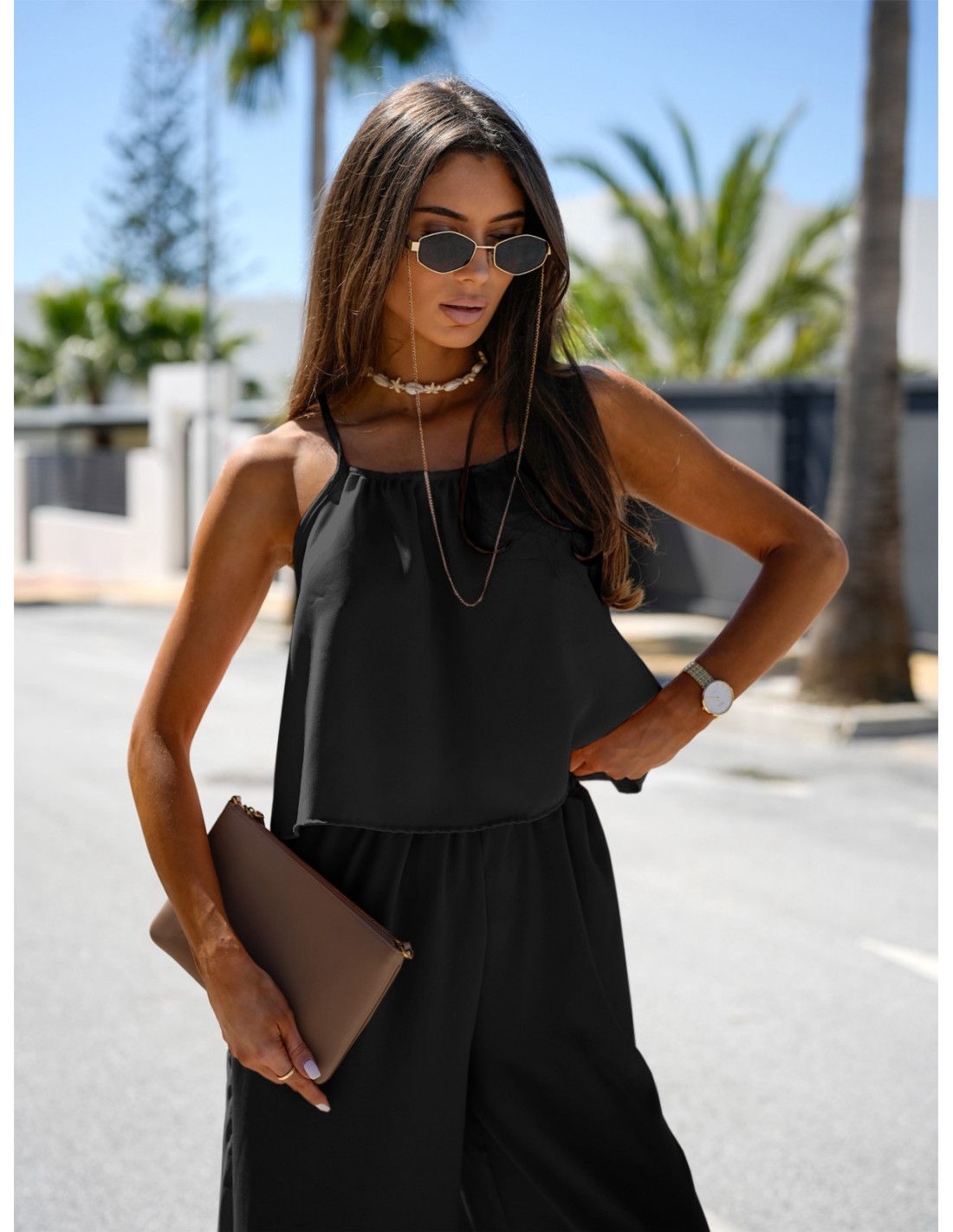 Modny komplet top i szerokie spodnie LEONI - czarny