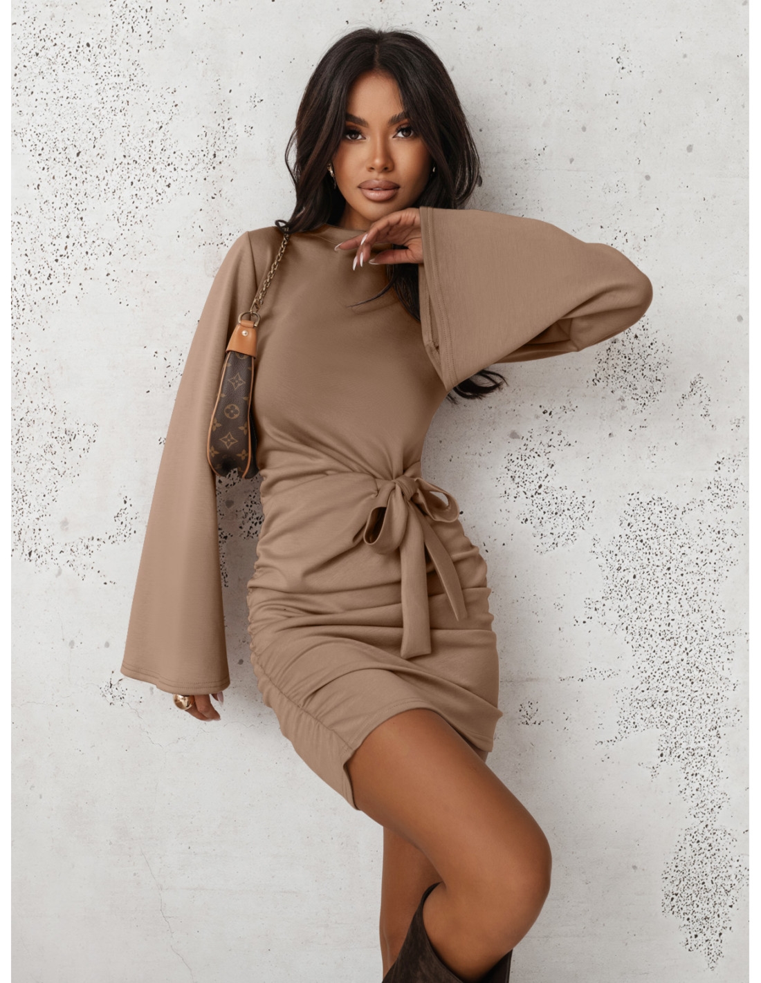 WP masełkowa sukienka mini z wiązaniem - mocha mousse