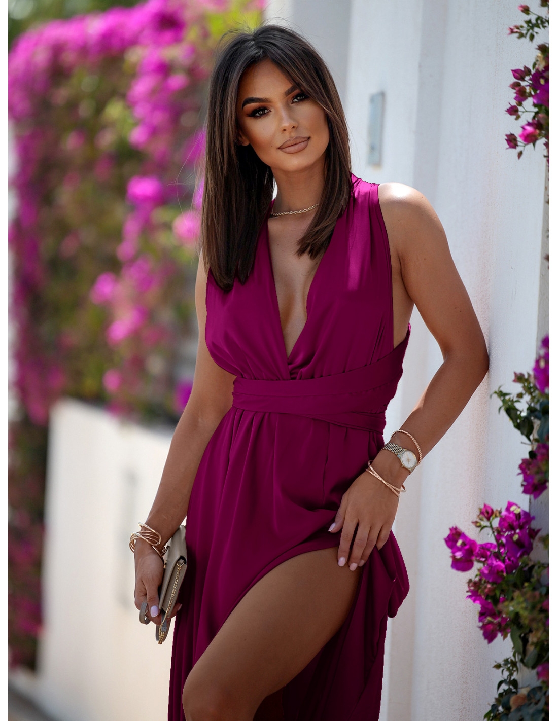 Sukienka maxi wiązana na wiele sposobów IMPERIA - fioletowa