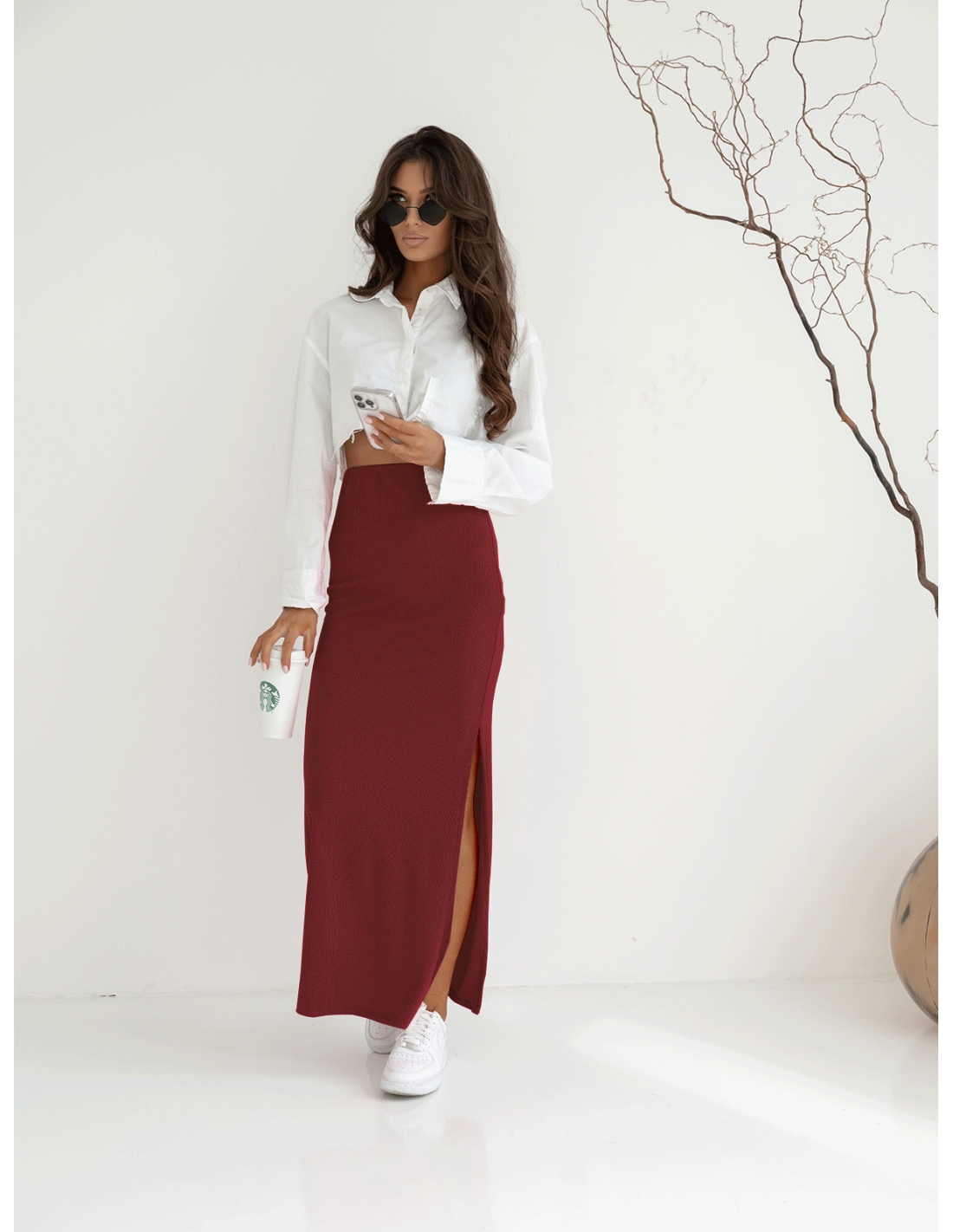 Spódnica maxi prążkowana MALWA - bordowy