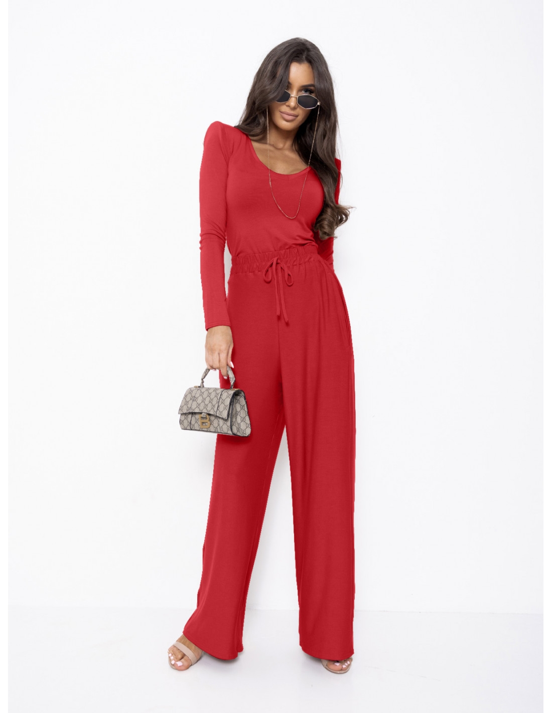 Komplet z wiskozy bluzka i szerokie spodnie AGRA - czerwony