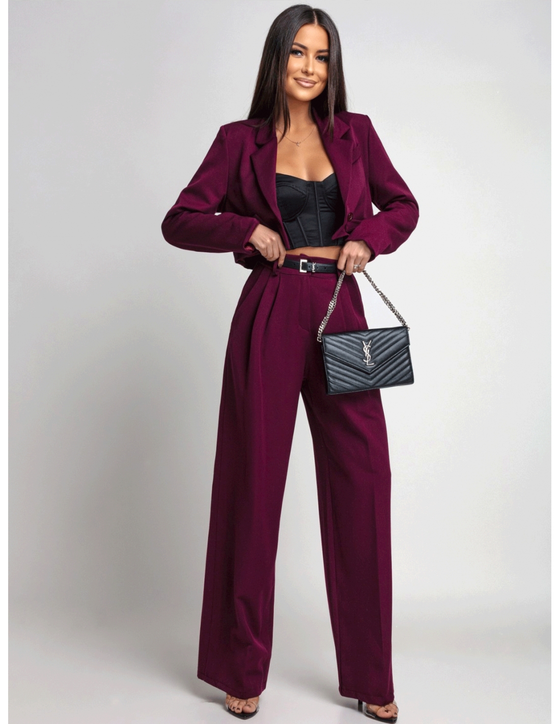 Garnitur krótka marynarka i szerokie spodnie FENZO - bordowy