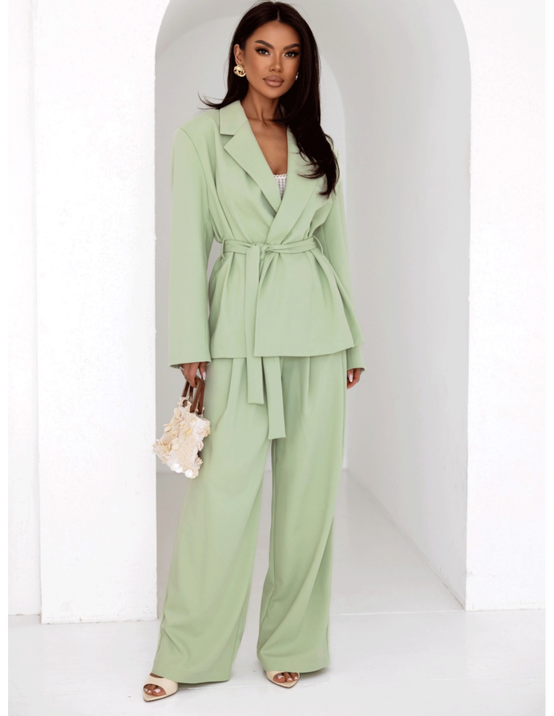 Elegancka marynarka z wiązaniem ADELL - pistacjowa