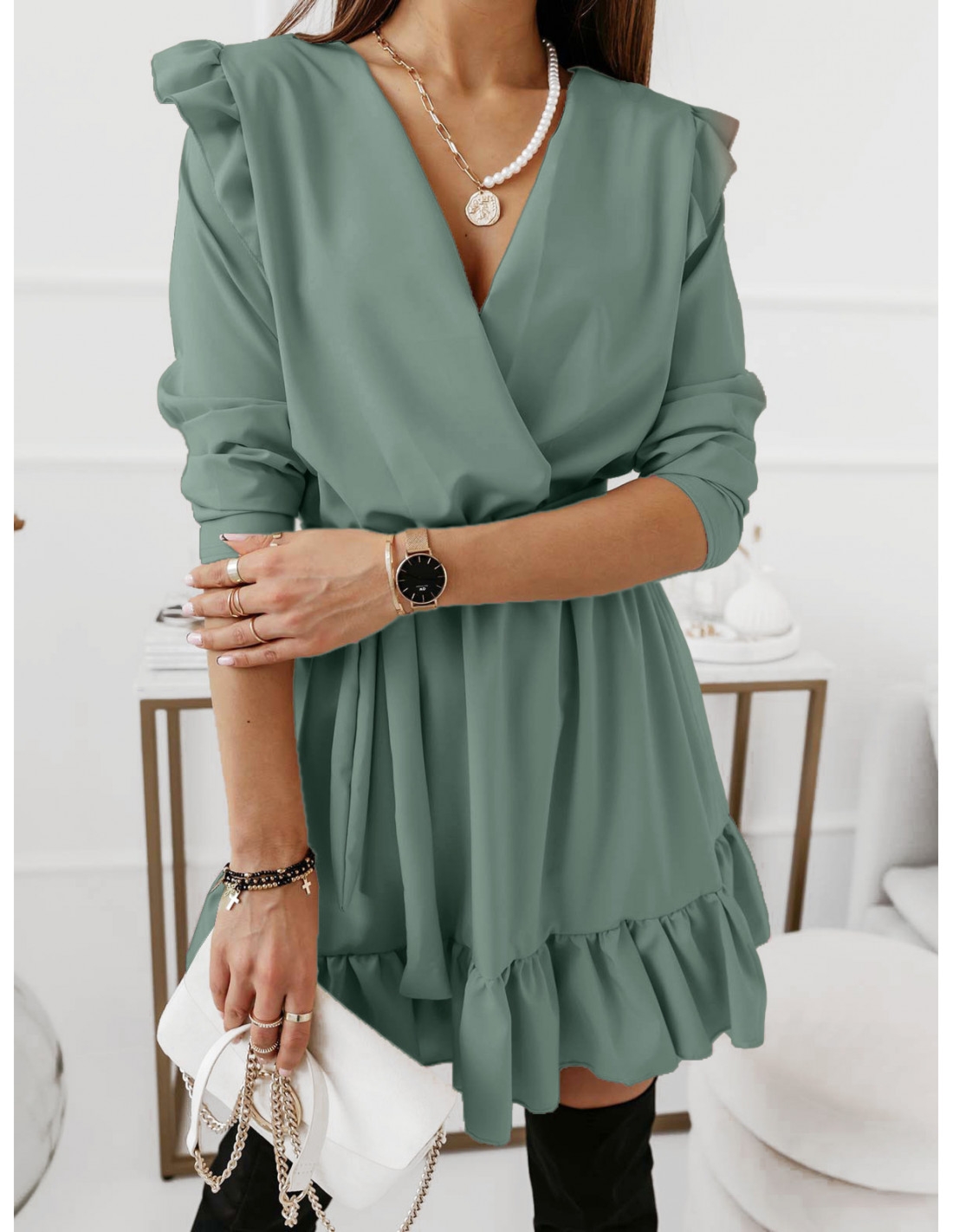 Rozkloszowana sukienka z falbankami MOLLY - szałwiowa