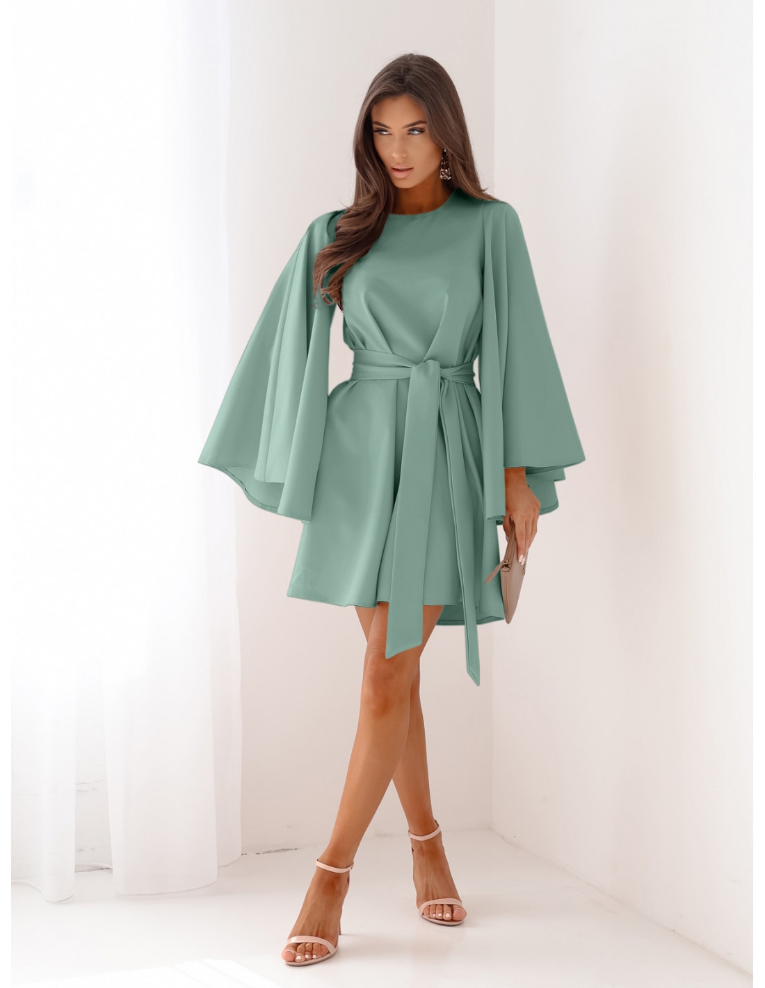 Trapezowa sukienka z szerokimi rękawami ENJA - szałwiowa