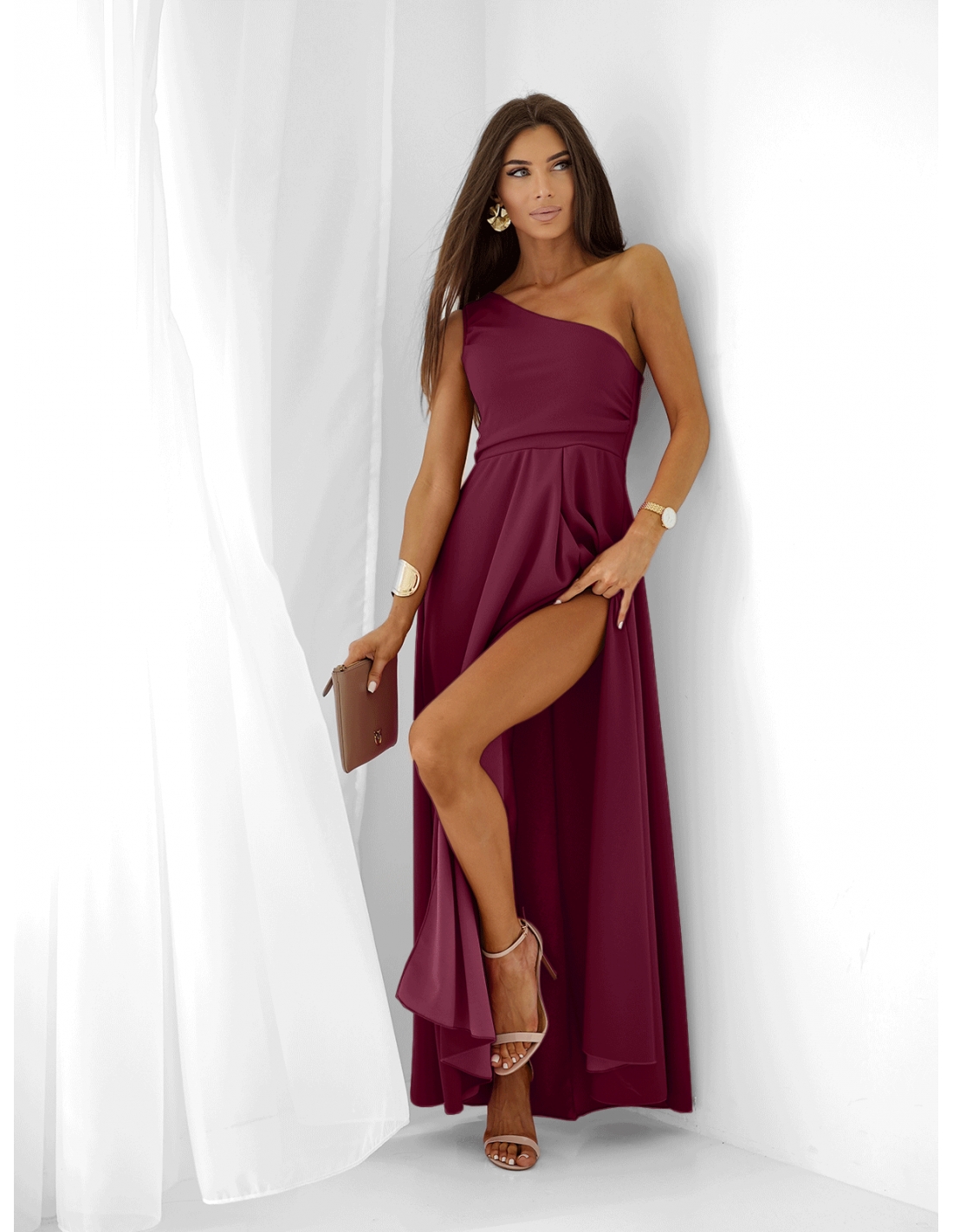 Sukienka maxi na jedno ramię SAVERA - bordowa