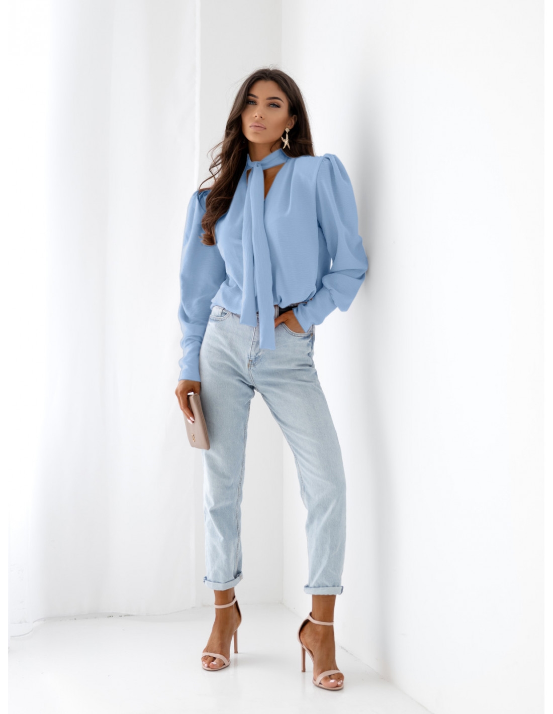 Bluzka koszulowa z wiązaniem FENZA - błękitna