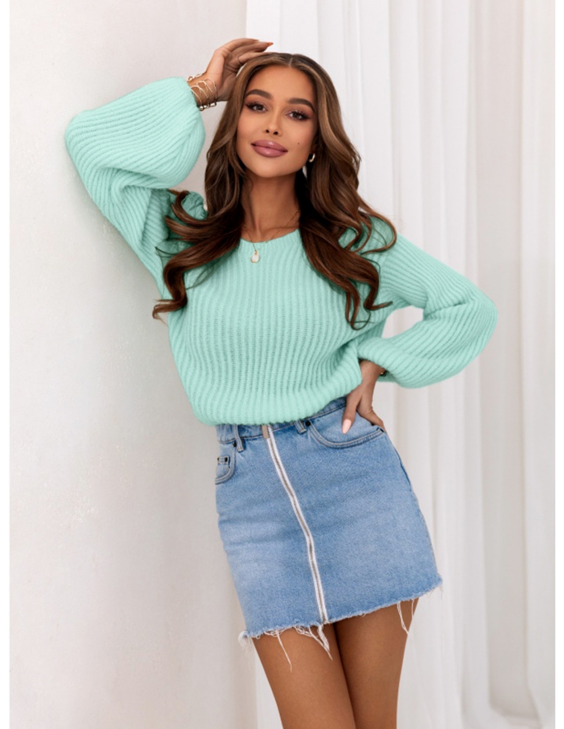 Sweter oversize z bufiastymi rękawami BINGO - miętowy