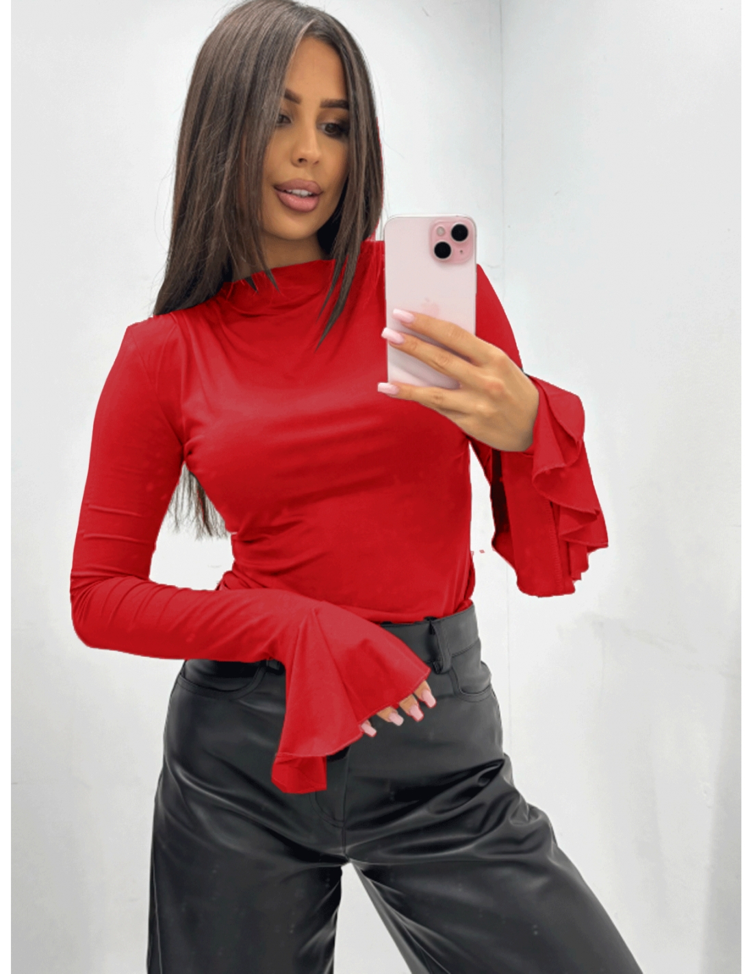 Wiskozowa bluzka z rękawem dzwonek EDALA - czerwona