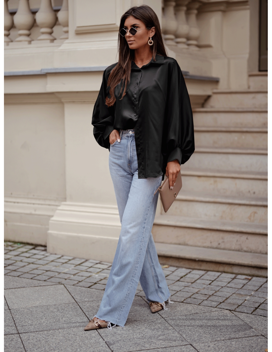 Satynowa koszula oversize CORALIE - czarna