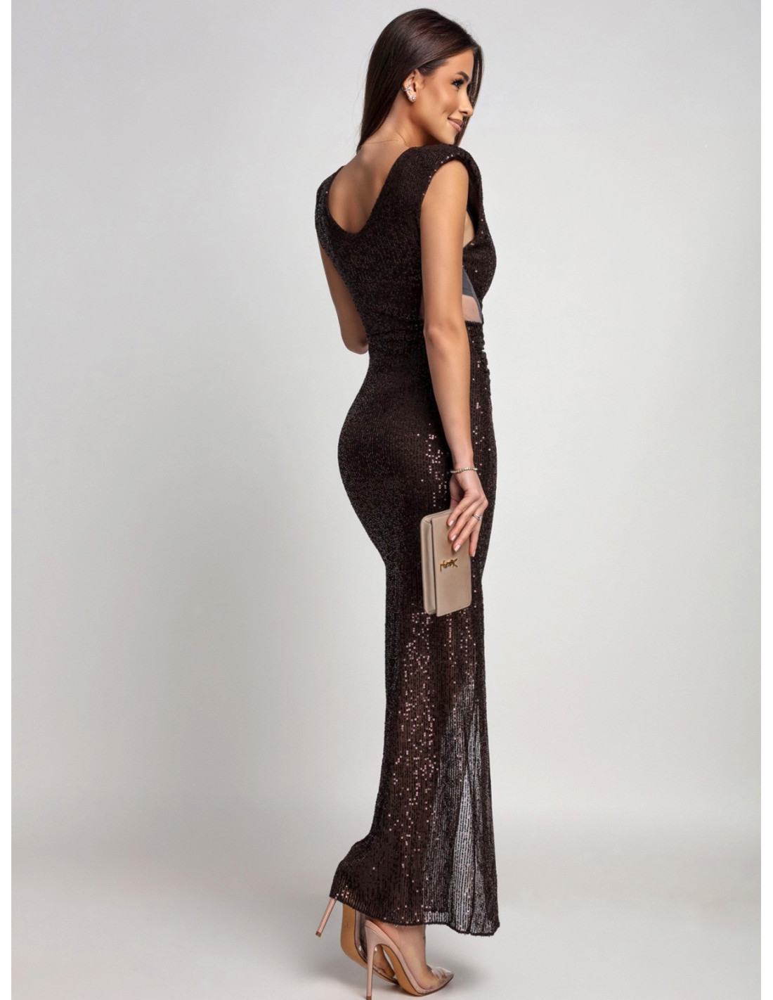 Cekinowa sukienka maxi z tiulowymi wstawkami NOJA - czekoladowa