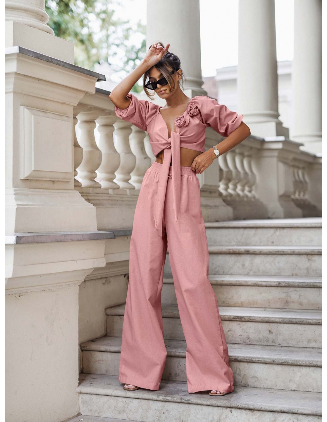 Lniany komplet top wiązany z różami i spodnie ILSE - brudny róż