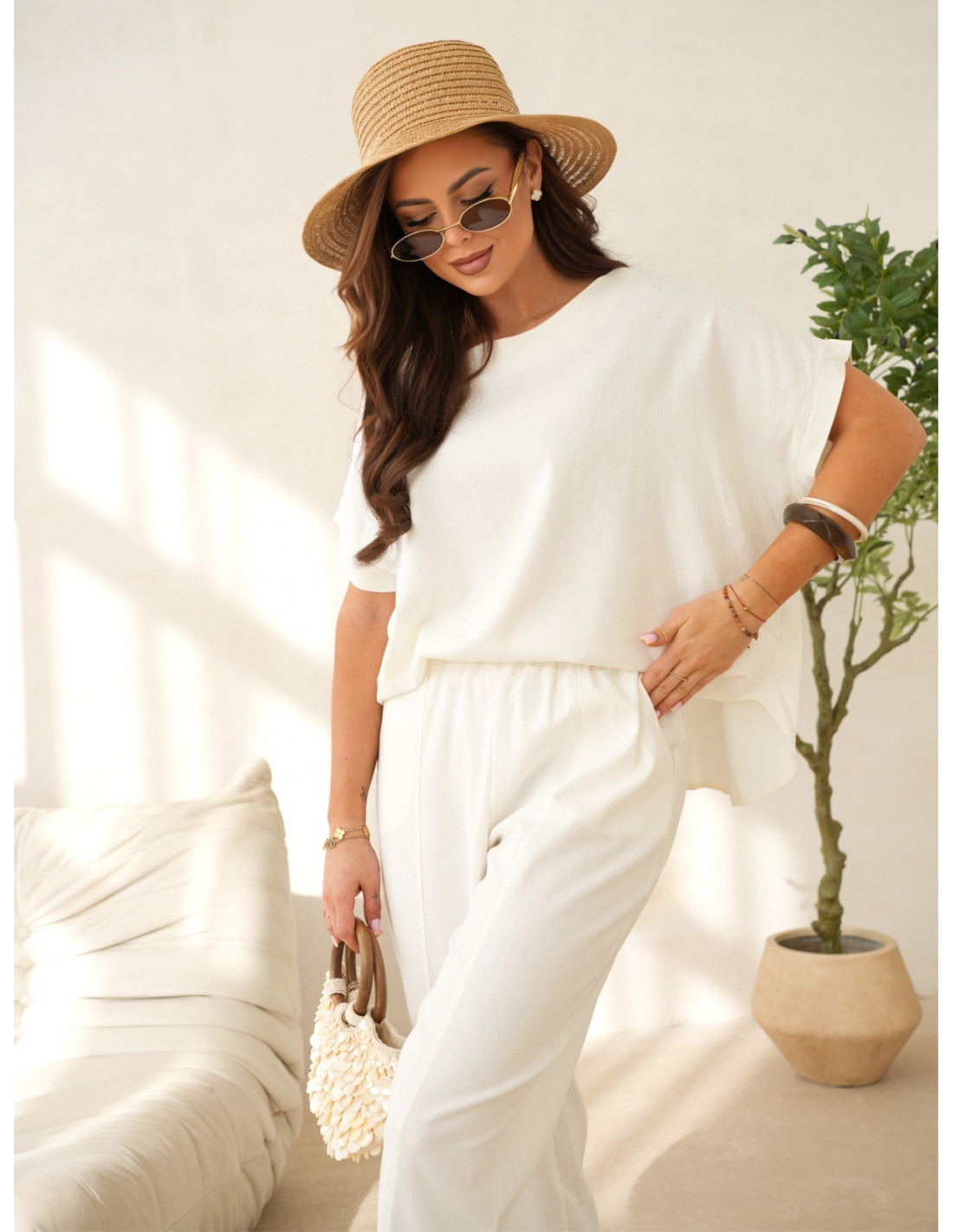 Lniany komplet bluzka i spodnie LENNY - biały