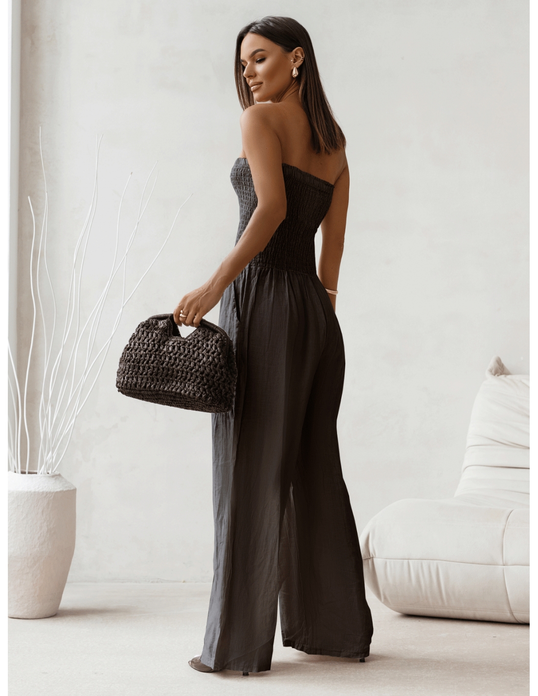 Lniany kombinezon z szerokimi nogawkami MALIA - czekoladowy