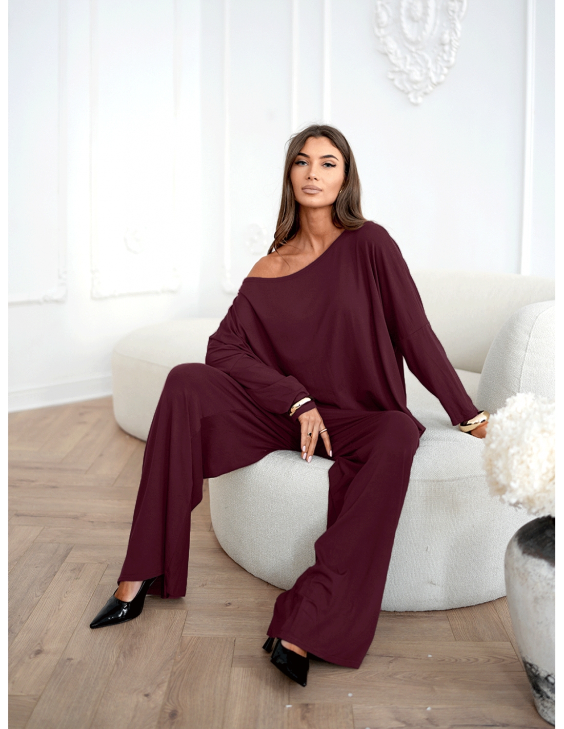 Komplet z wiskozy bluzka i szerokie spodnie SATON - bordowy