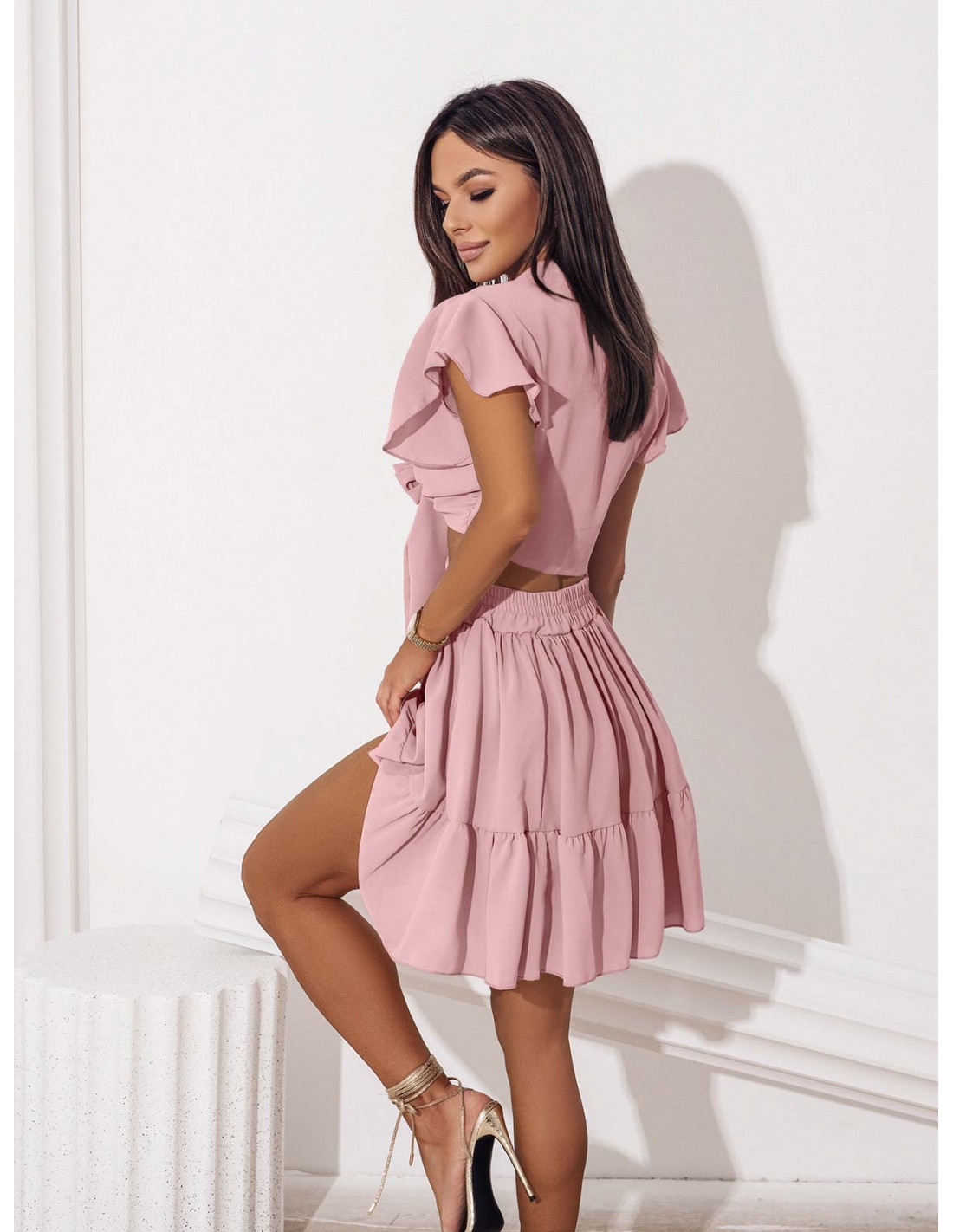 Komplet wiązany top i spódniczka ROMANCE - pudrowy róż