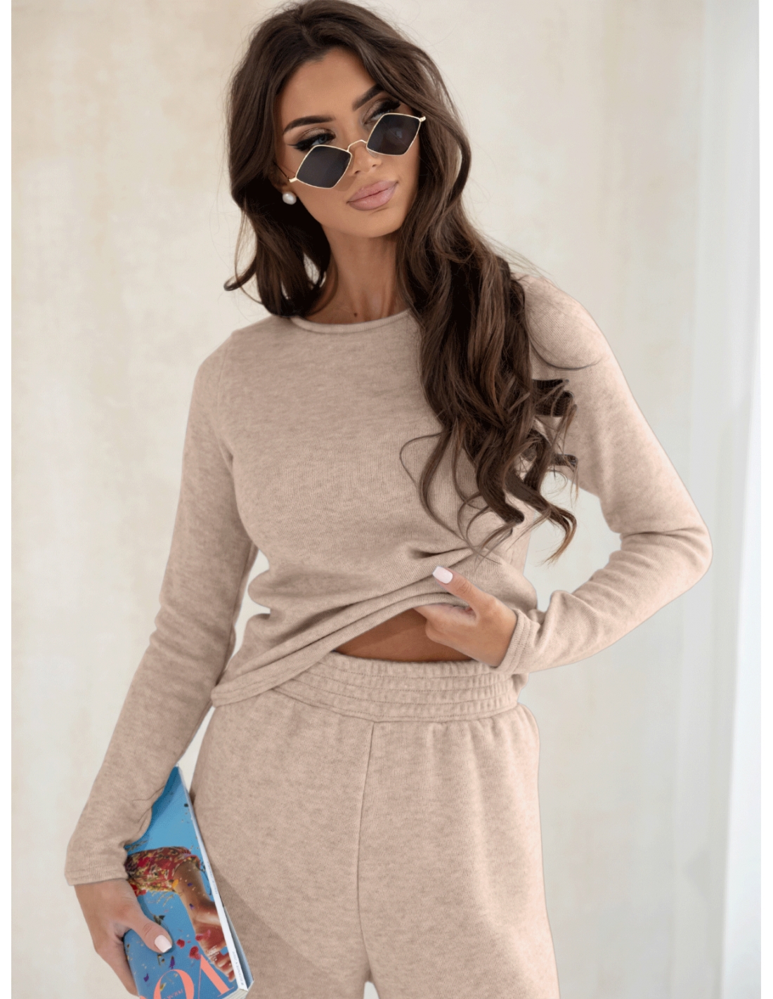 Komplet dzianinowy z szerokimi spodniami CELESTE - cappuccino