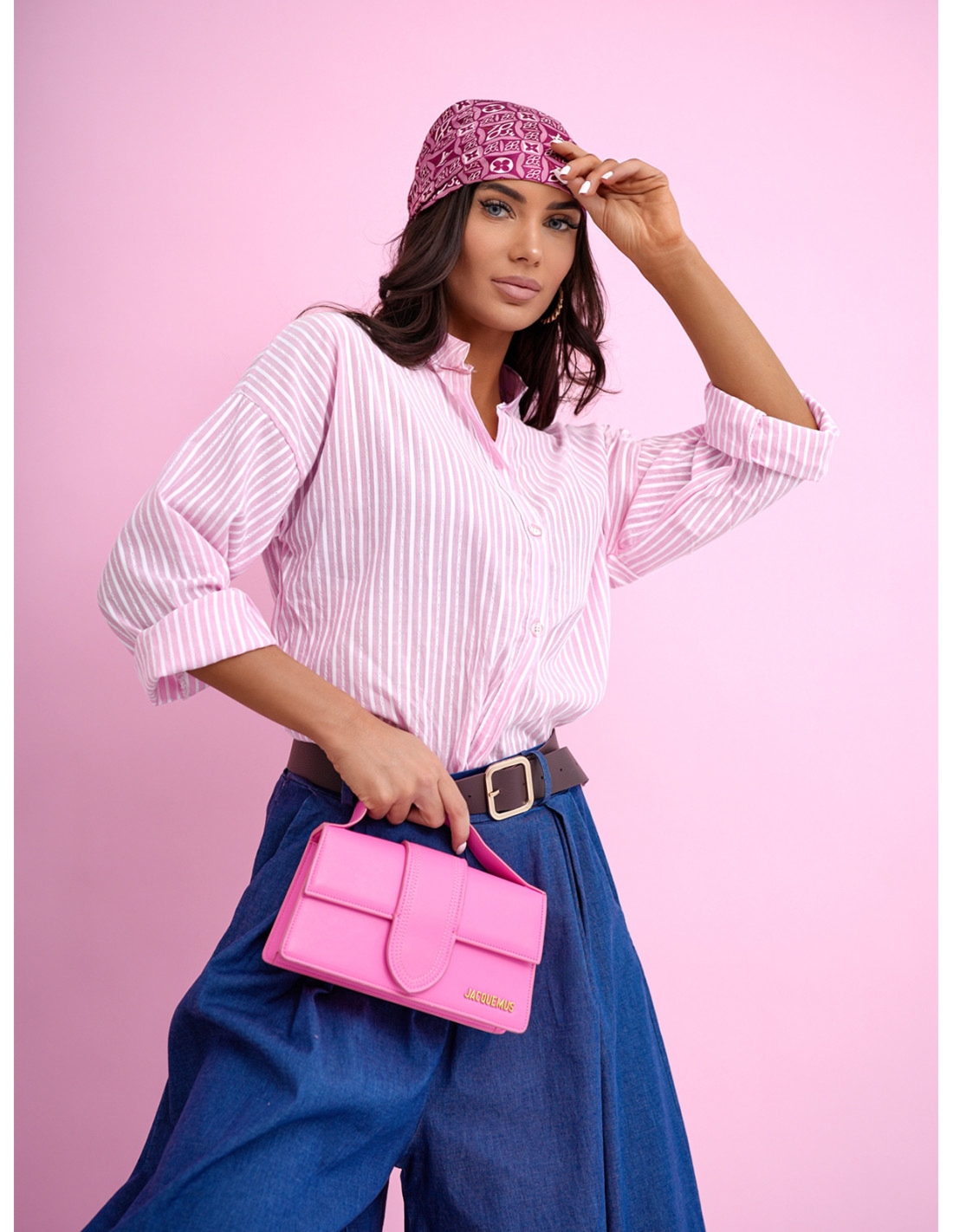 Elegancka bawełniana koszula ze stójką EREMI - pudrowy róż