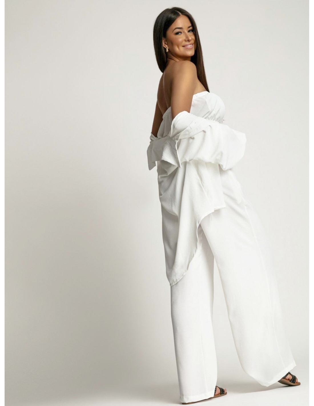 Komplet 3w1 z szerokimi spodniami STELLA - biały