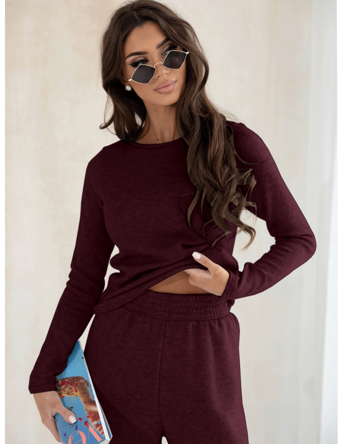 Komplet dzianinowy z szerokimi spodniami CELESTE - bordowy