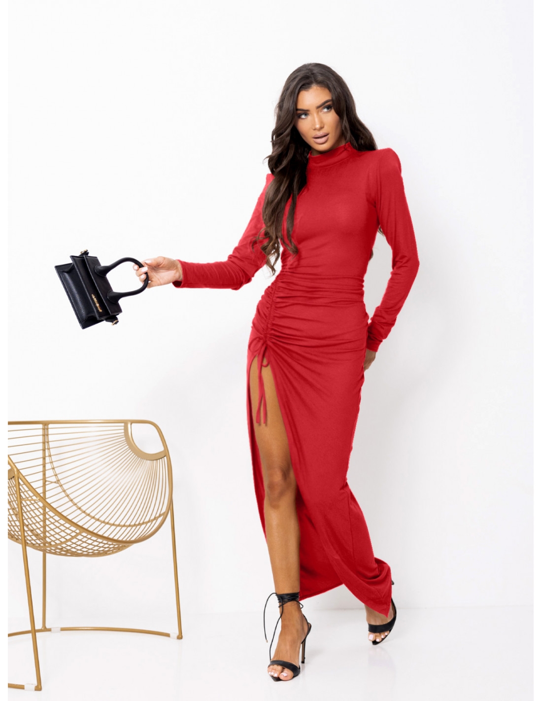 Sukienka maxi z marszczeniem z wiskozy IDRIL - czerwona