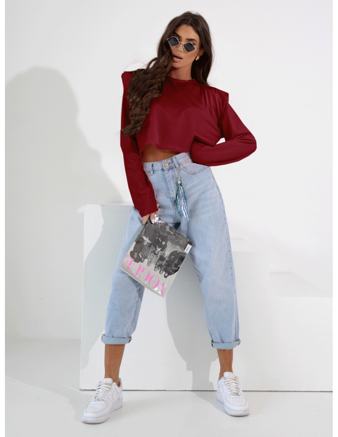 Pudełkowa bluzka top z poduszkami AMY - bordowa