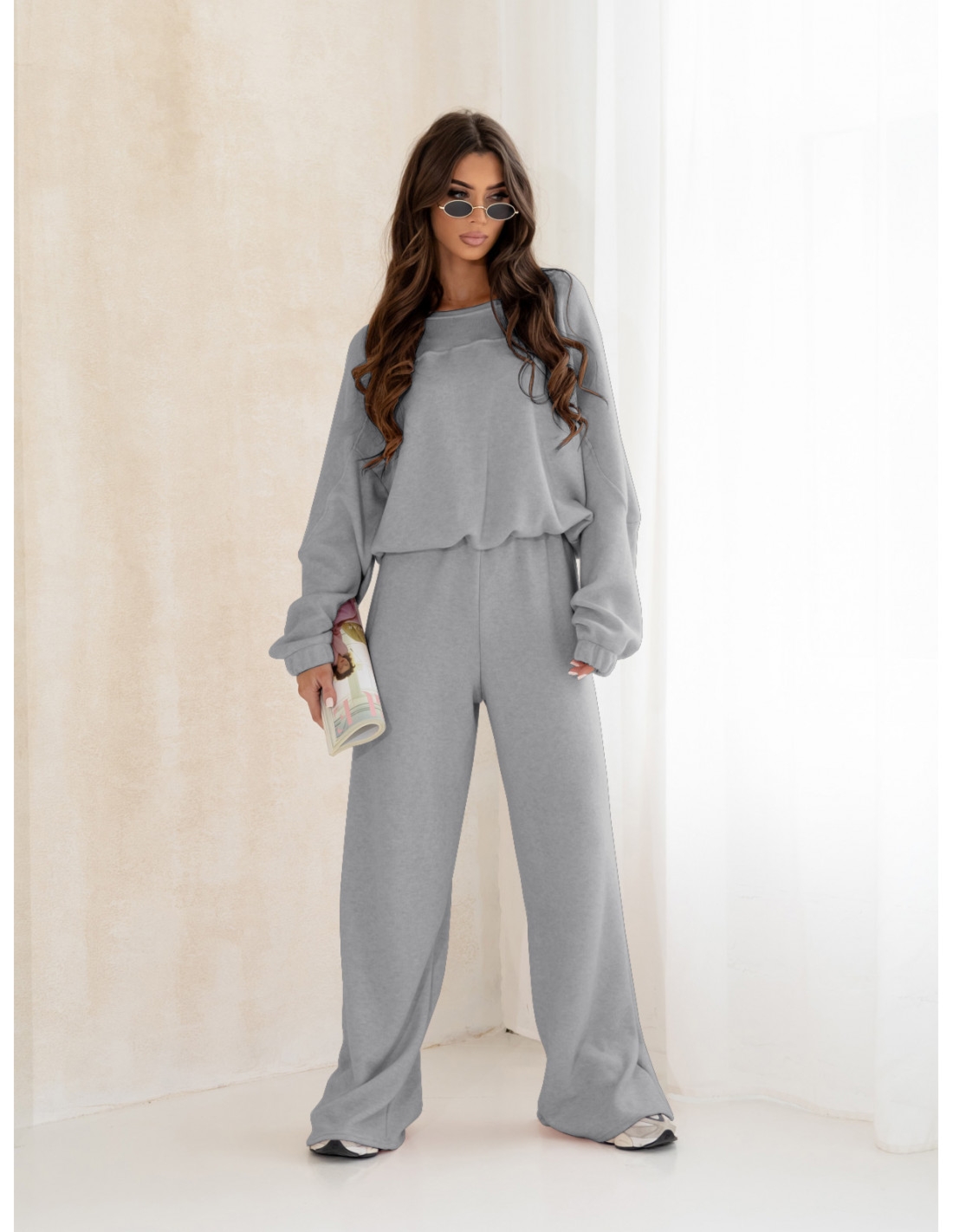 Komplet dzianinowy z szerokimi spodniami MILENA - szary