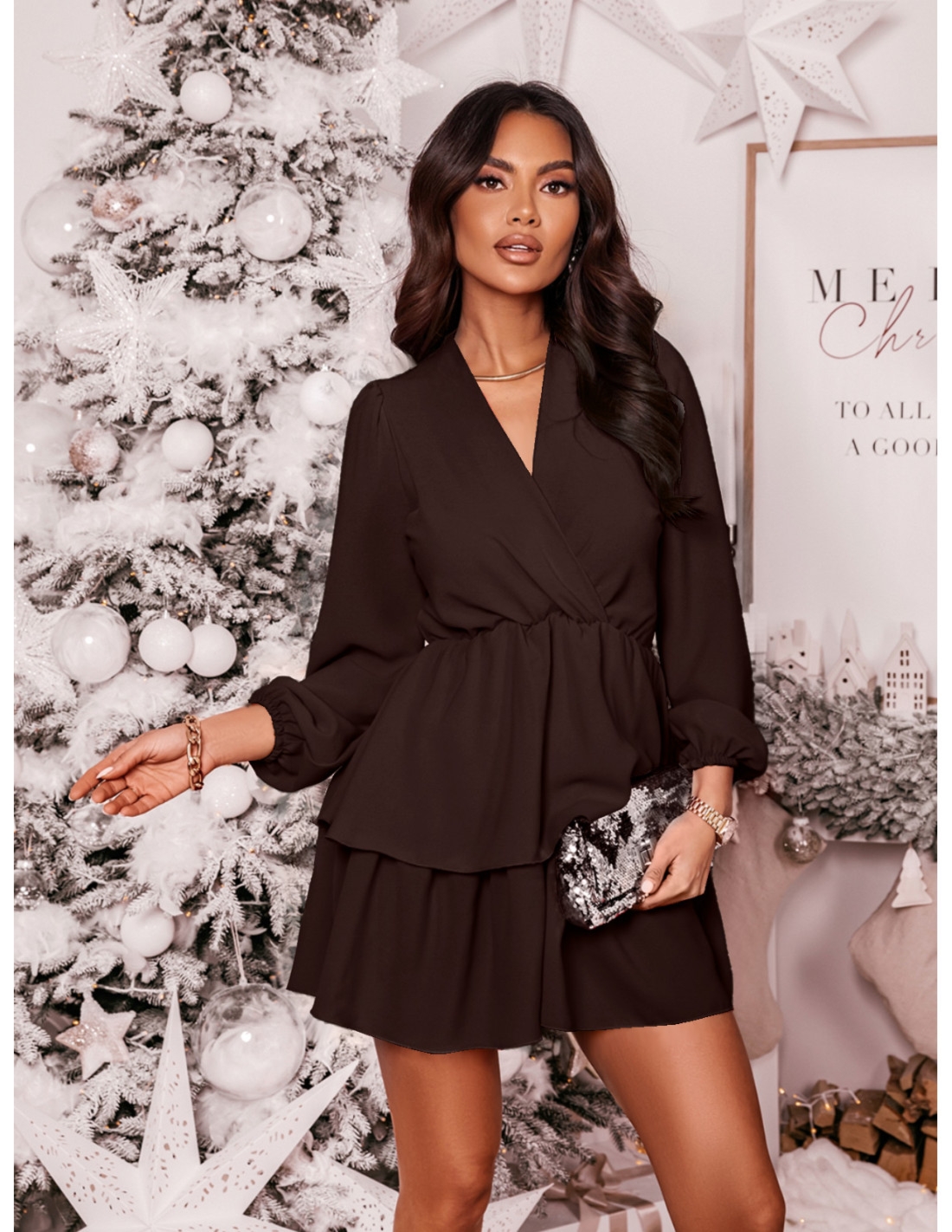 Rozkloszowana sukienka z podwójną falbaną DALIA - czekoladowa