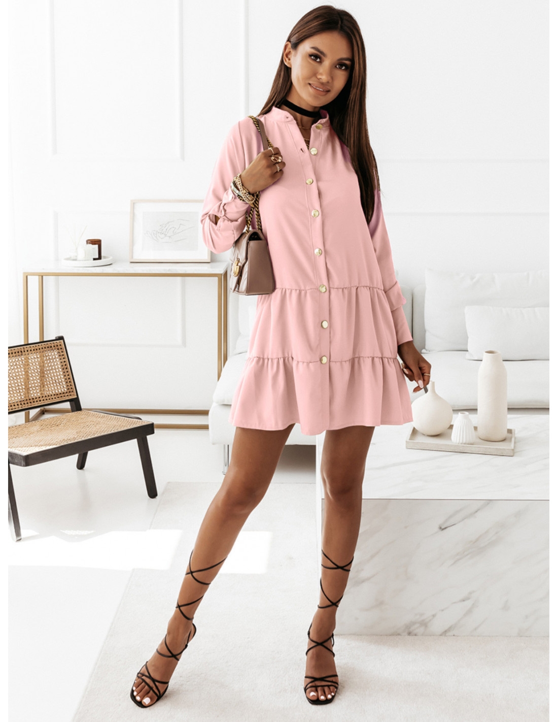 WP sukienka z falbankami i guzikami - pudrowy róż